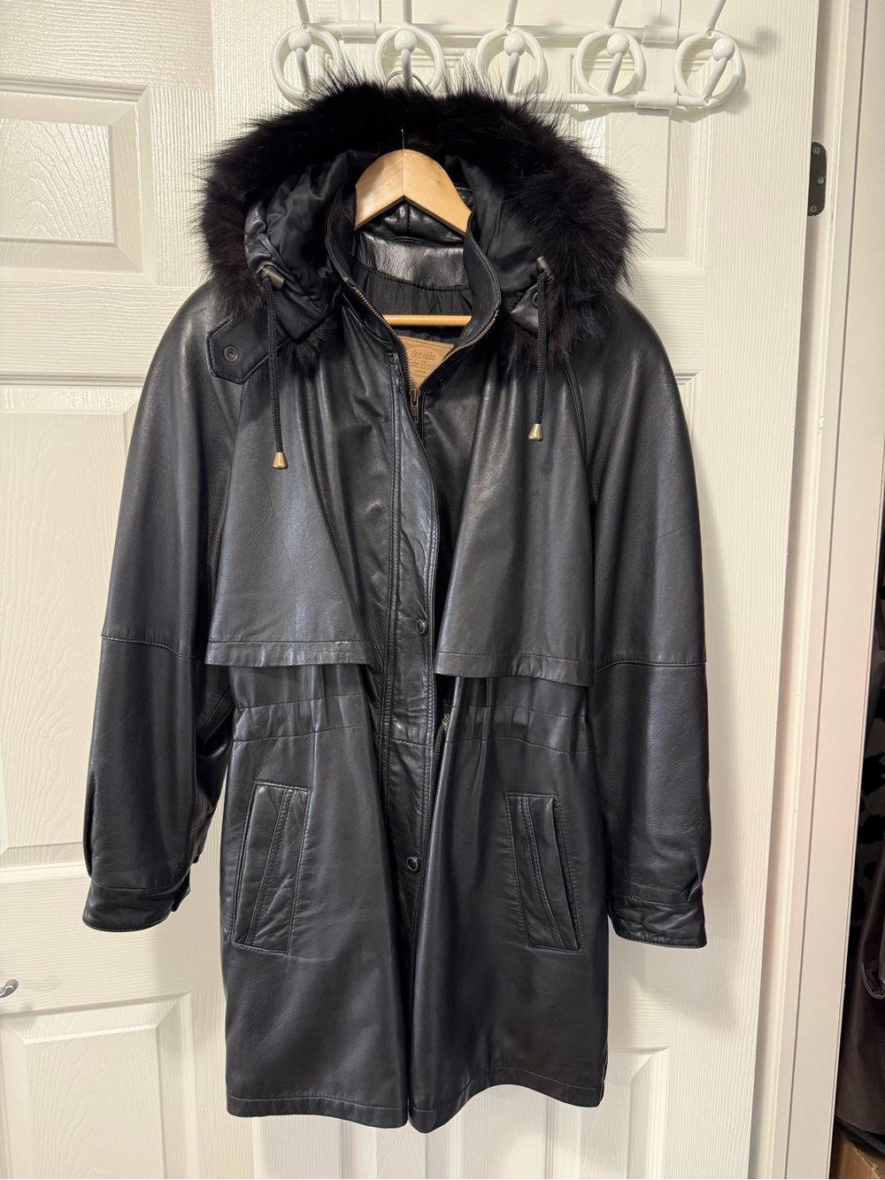 90’s Black Leather Hooded Trench Coat with Fur Trim